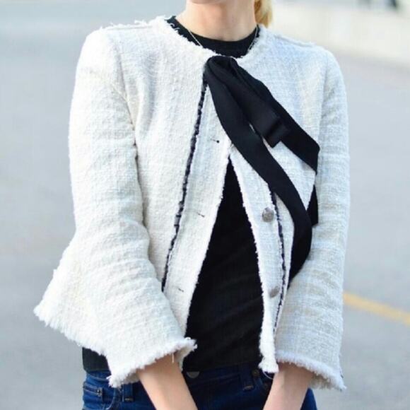 NWOT Zara White Tweed Black Bow Button Jacket Blazer. Blogger Fave. - Picture 3 of 15